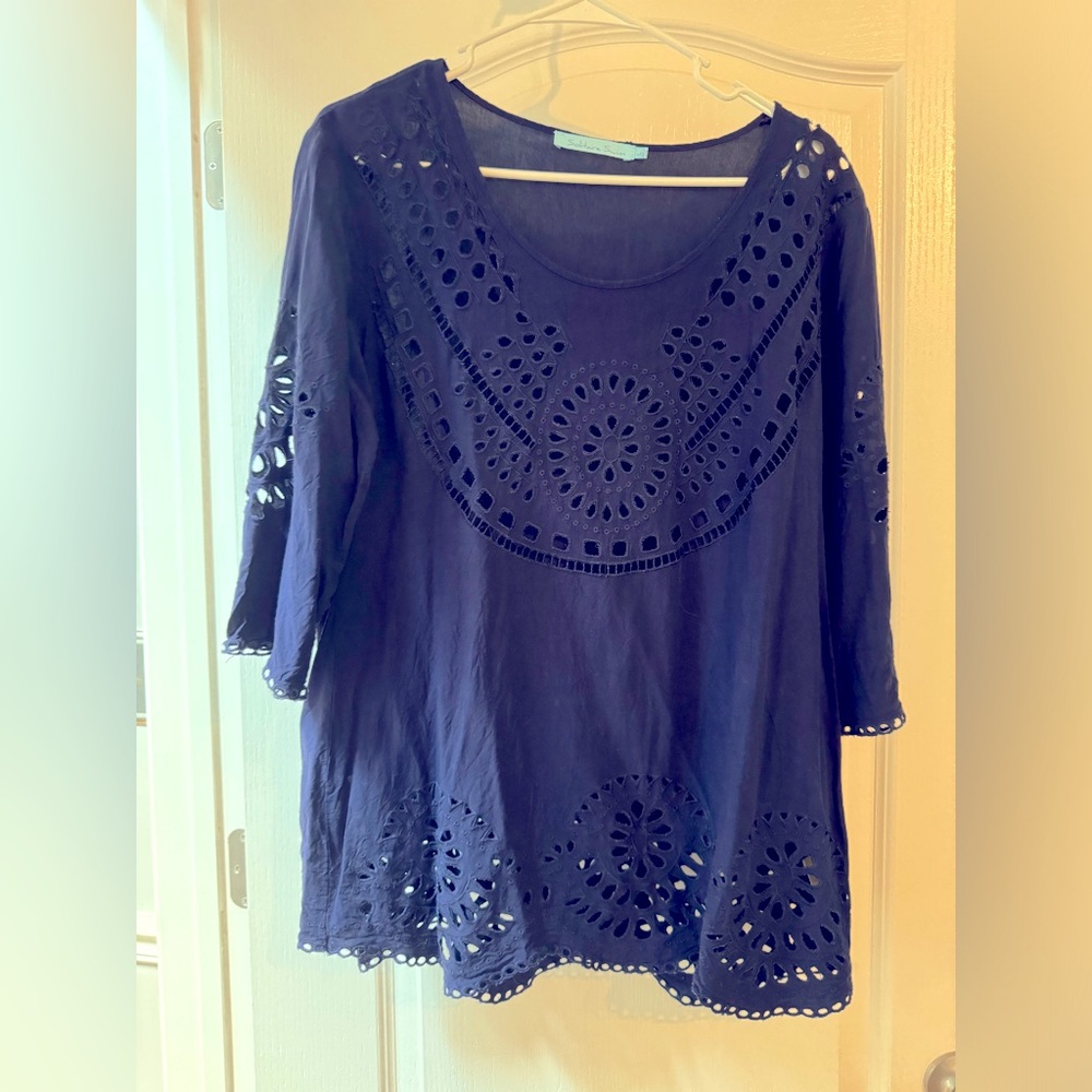 Navy Blue Boho Solitaire Swim Eyelet Coverup Tunic Sz L